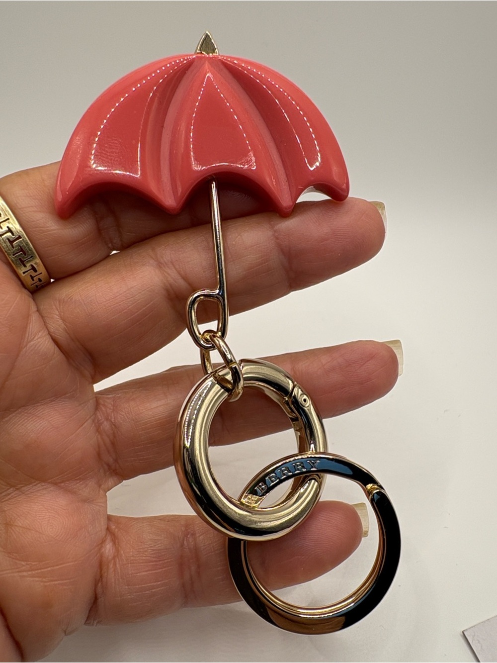 Burberry Coral Umbrella Key & Card Holder with Gold-Tone Rings
